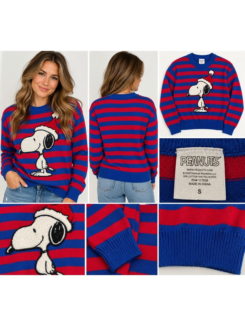 Peanuts Snoopy Christmas Sweater S Red Blue Striped Santa Fuzzy Holiday